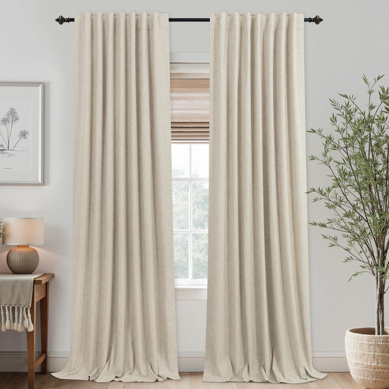 KOUFALL French Country Curtains for Living Room,Blackout Linen Textured Black Out Rustic Farmhouse Curtains for Bedroom Tan Beige 96 Inches Long - Image 1