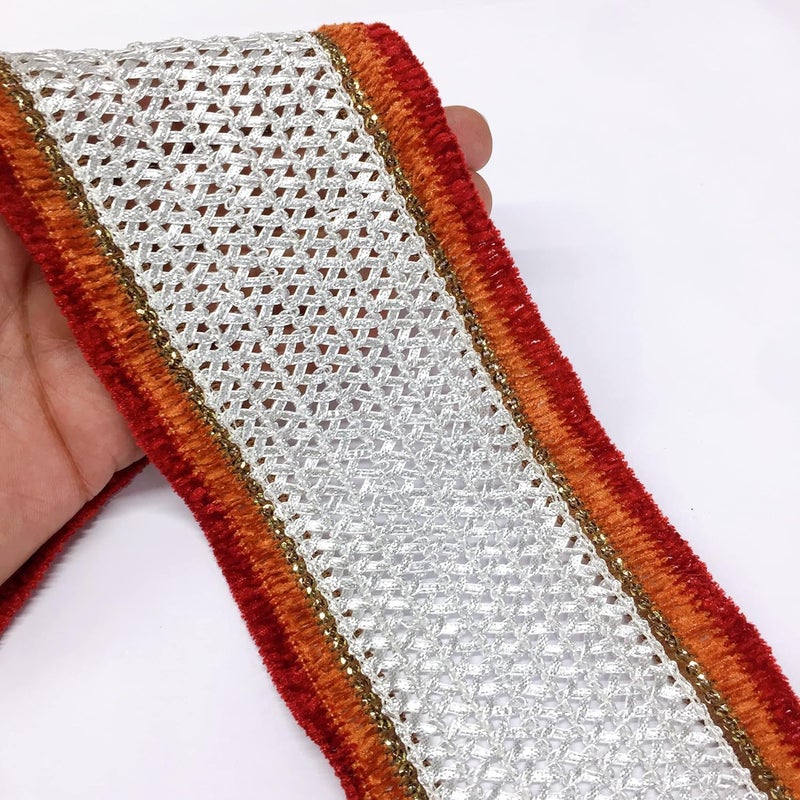 Lami 9 Meter Silver Gota Patti Pati Lace with Red and Green Velvet Piping Lace, Banarasi Saree Lace Border, Ribbons, Bridal Lehenga Saree Dupatta Suit Anarkali Lace Indian Trim Trimmings - Image 5