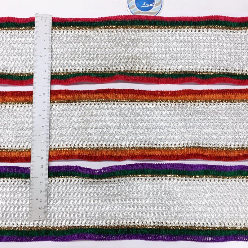 Lami 9 Meter Silver Gota Patti Pati Lace with Red and Green Velvet Piping Lace, Banarasi Saree Lace Border, Ribbons, Bridal Lehenga Saree Dupatta Suit Anarkali Lace Indian Trim Trimmings - Image 4