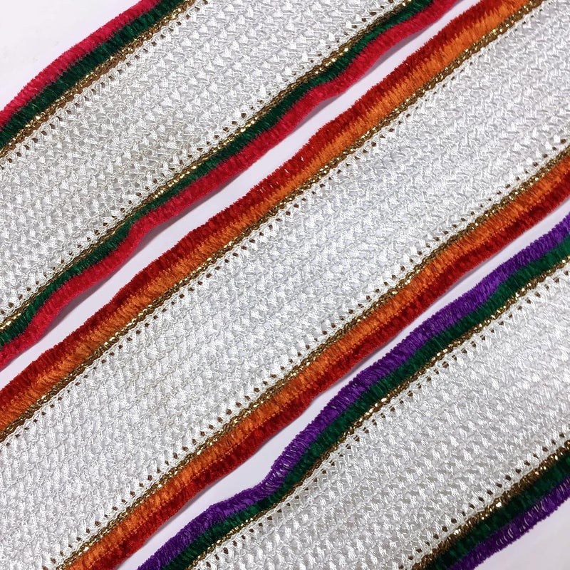 Lami 9 Meter Silver Gota Patti Pati Lace with Red and Green Velvet Piping Lace, Banarasi Saree Lace Border, Ribbons, Bridal Lehenga Saree Dupatta Suit Anarkali Lace Indian Trim Trimmings - Image 3