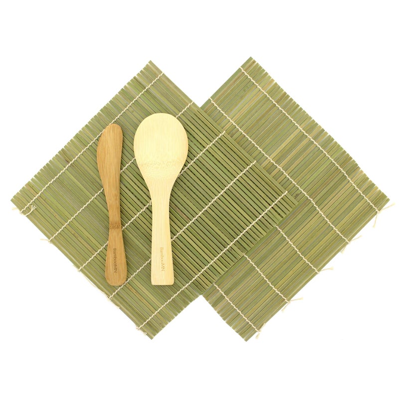 BambooMN Sushi Making Kit 2x Green Bamboo Rolling Mats 1x Rice Paddle 1x Spreader  100 Bamboo Mats and Utensils