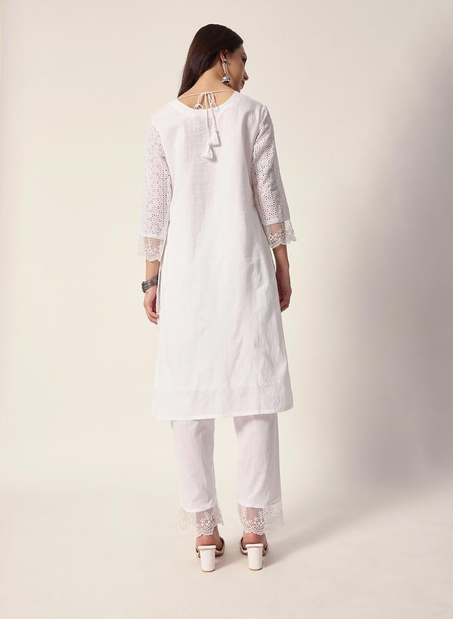ISHIN Women's White Cotton Textured Tunic Full Palazzo Regular Fit Kurta Set - Image 3