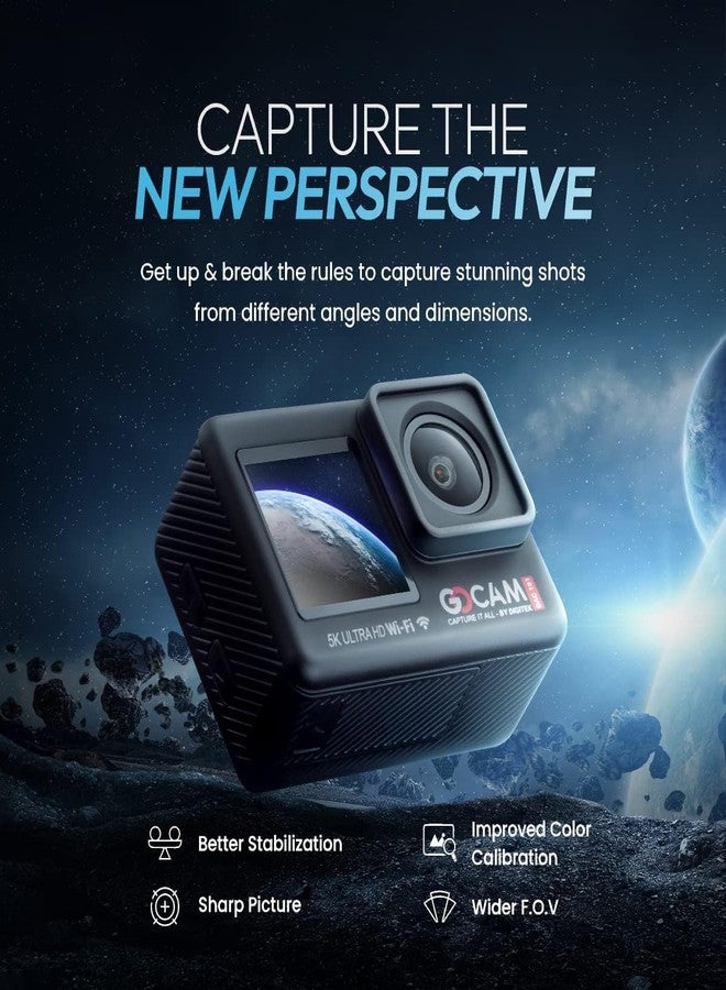 ديجيتك كاميرا الحركة Digitek GoCAM DAC-101 بدقة 5K 30FPS 48MP WiFi مع شاشة لمس مزدوجة، زاوية واسعة 150 درجة، تثبيت إلكتروني للثبات سداسي المحاور، ميكروفون خارجي، غطاء مقاوم للماء، بطاريتان 1350 مللي أمبير ومجموعة ملحقات (أسود). - Image 2