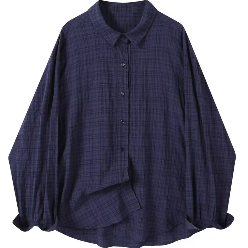 Japanese Elegant Retro dark blue Pure Cotton Plaid Shirt Womens Early Autumn 2024 New Cold Style High-end Top Dark blue