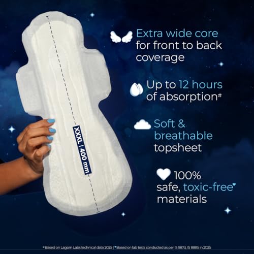 Nua All Night Comfort Sanitary Pads | Pack of 8 (XXXL 400mm) | Extra Wide Core | Front to Back Coverage | Upto 12 Hours of Absorption | Super Soft and Breathable | No Rashes | 100% Toxic-Free - Image 4