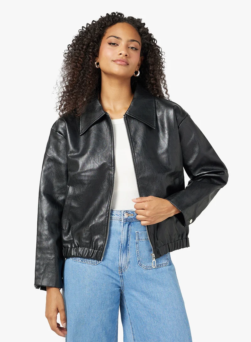 جينجر Zip Up PU Bomber Jacket