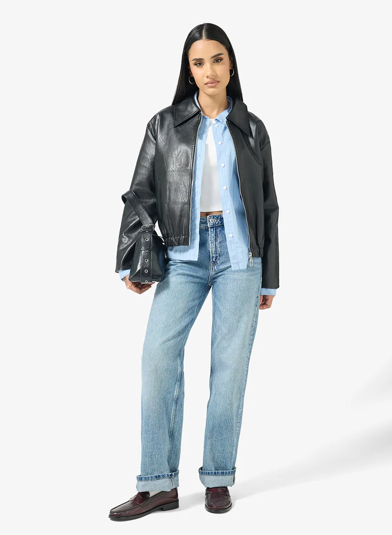 جينجر جاكيت بومبر جلد صناعي بسحاب