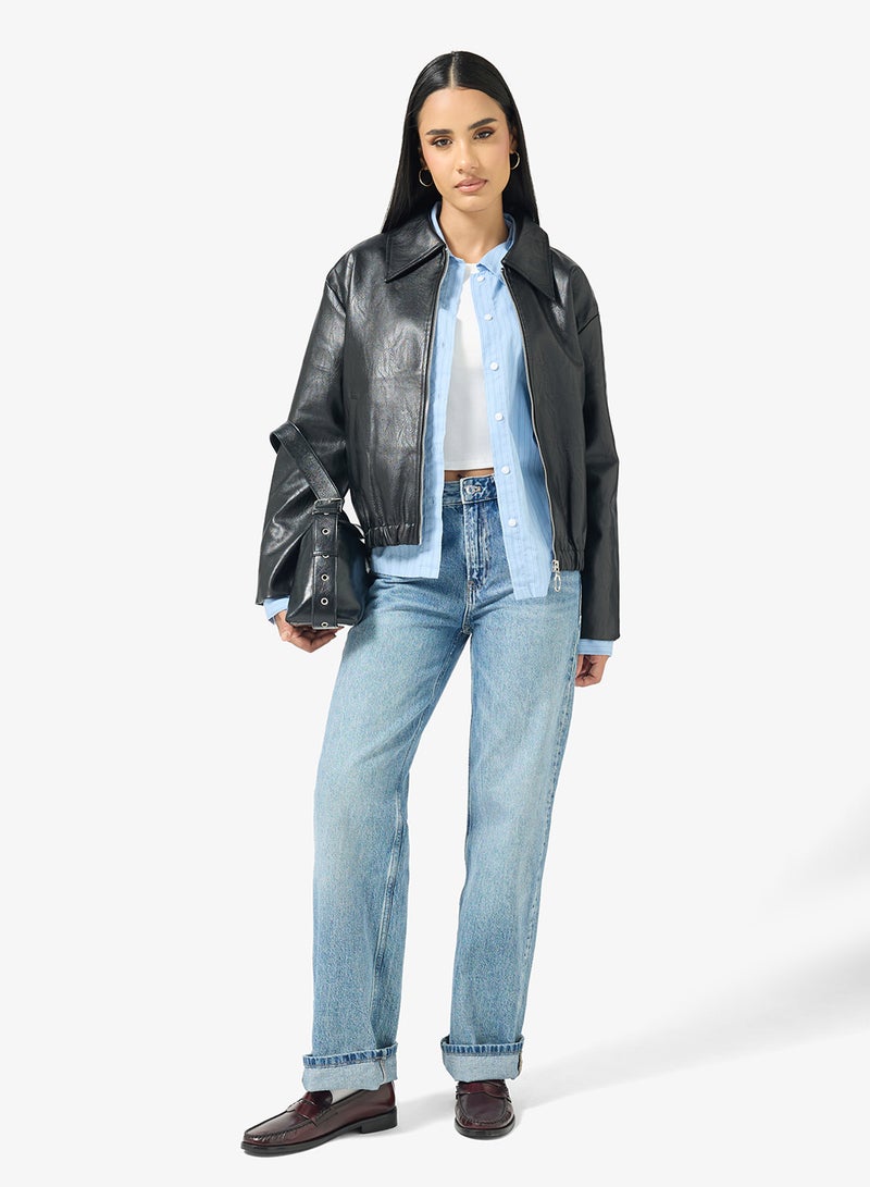 Ginger Zip Up PU Bomber Jacket - Image 4