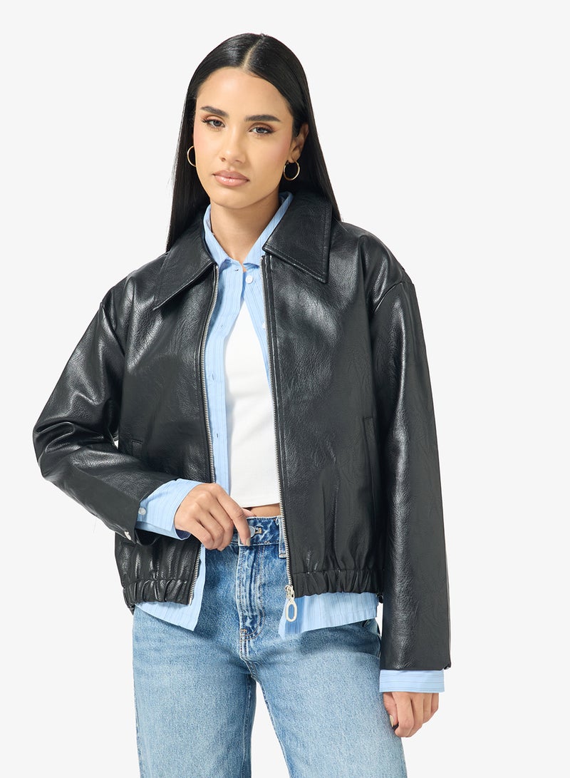 Ginger Zip Up PU Bomber Jacket - Image 1