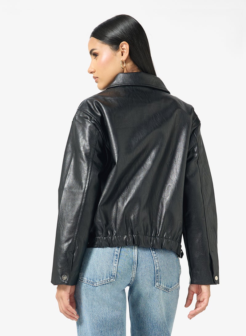 Ginger Zip Up PU Bomber Jacket - Image 2
