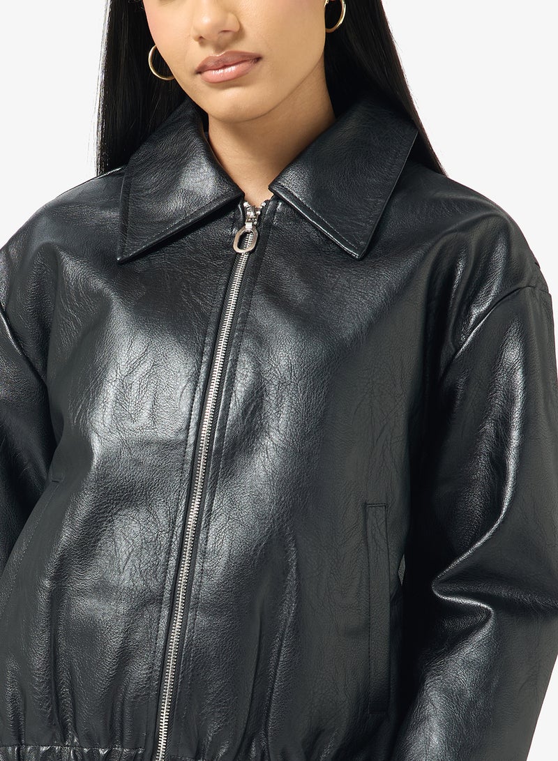 Ginger Zip Up PU Bomber Jacket - Image 3