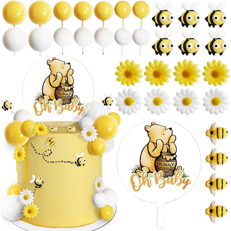 Bttwkco Winnie Baby Shower Cake Decorations Party supplies First Birthday Classic Pooh Acrylic Cake Topper Bees Flowers - Image 2