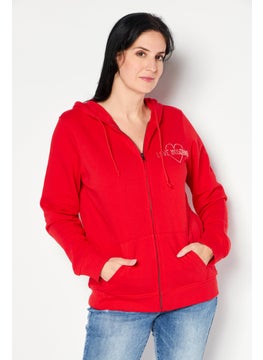 Women Hooded Neck Rhinestone Full Zip Sweatshirt, Red