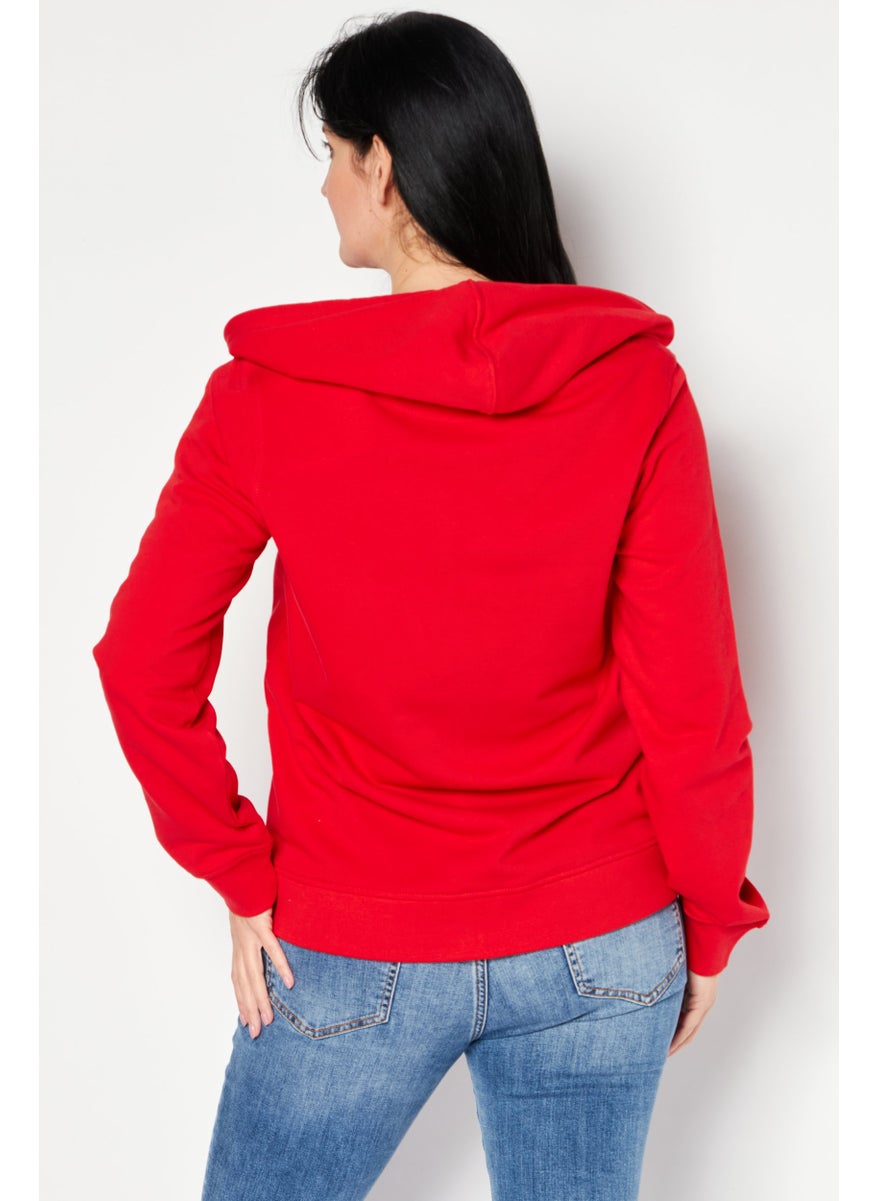 Love Moschino - Women Hooded Neck Rhinestone Full Zip Sweatshirt, Red - Image 1