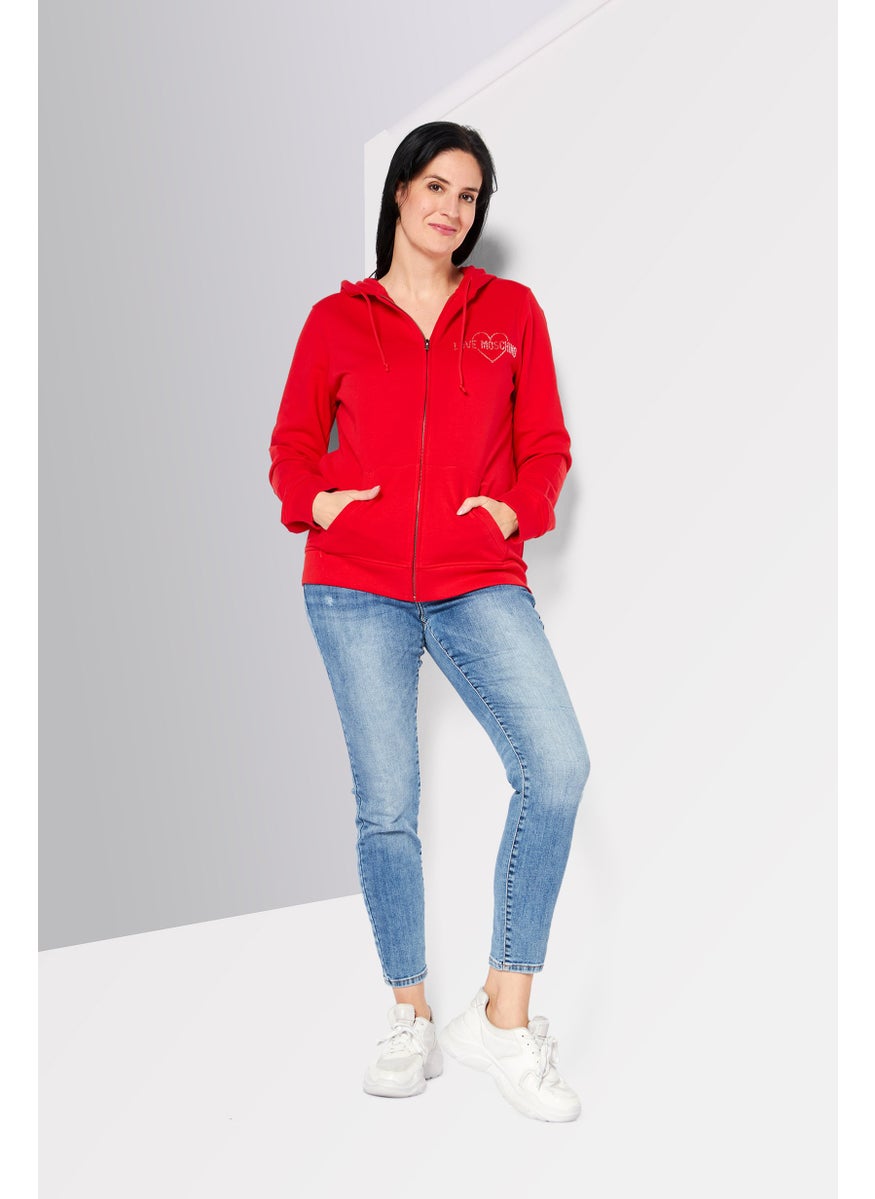 Love Moschino - Women Hooded Neck Rhinestone Full Zip Sweatshirt, Red - Image 1