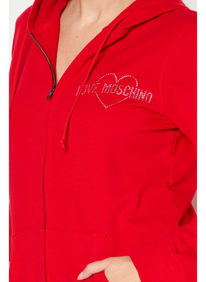 Love Moschino - Women Hooded Neck Rhinestone Full Zip Sweatshirt, Red - Image 1