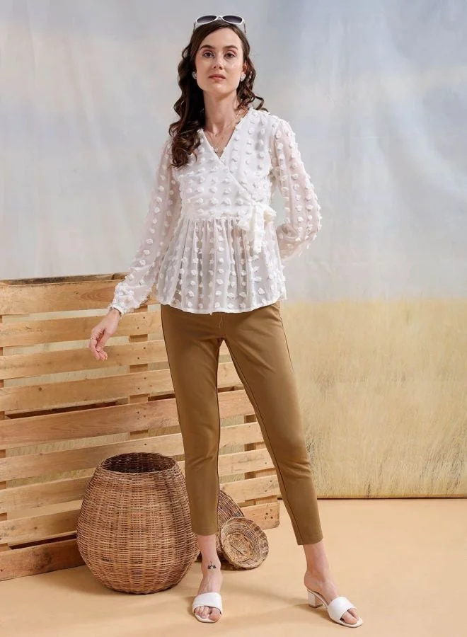 Freehand  Women Fit and Flared Textured V-Neck Long Sleeve Wrap Top  | Best Price UAE