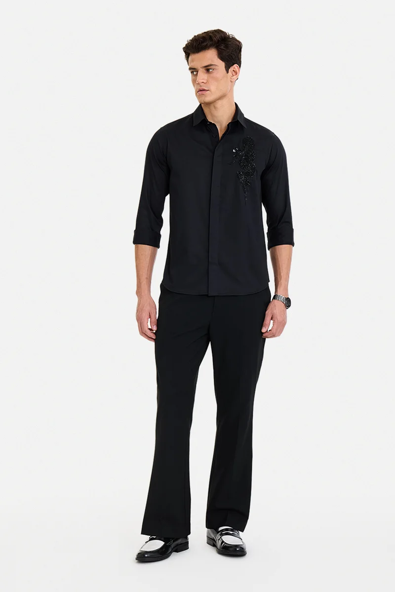 سنيتش Black Embellished Long Sleeve Slim Fit Party Luxe Shirt
