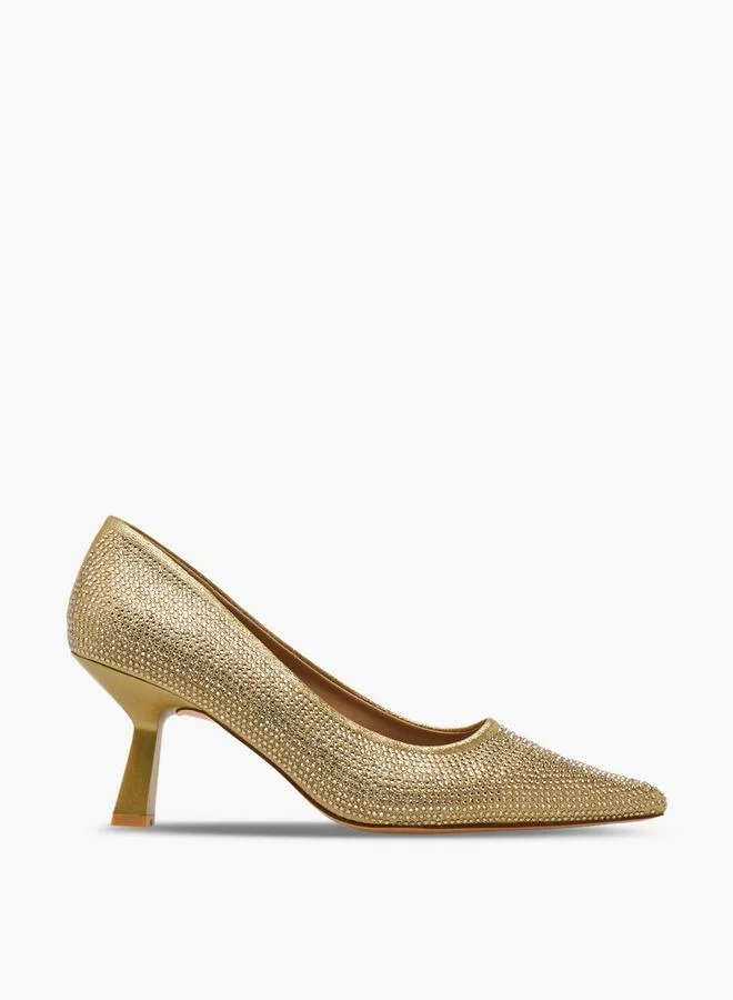 Flora Bella By Shoexpress GOLD Women Rhinestone Embellished Flared Heel Shoes for Women | Best Price UAE