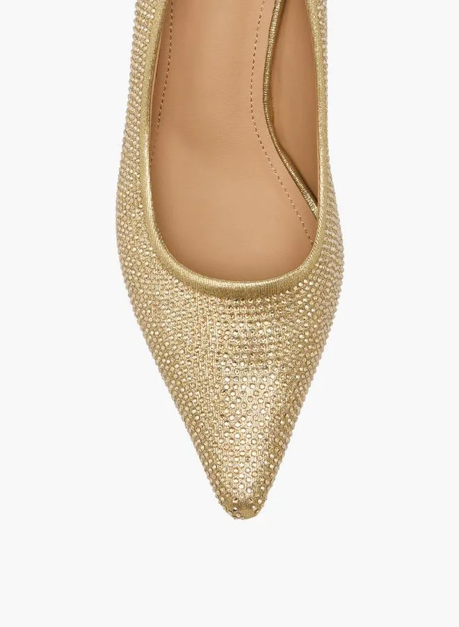 Flora Bella By Shoexpress GOLD Women Rhinestone Embellished Flared Heel Shoes for Women | Best Price UAE