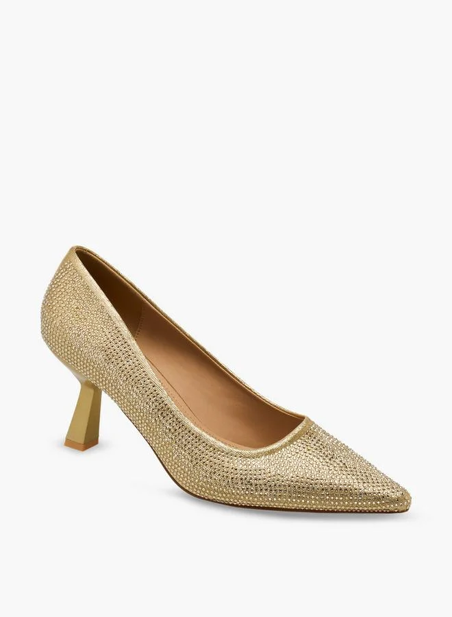 Flora Bella By Shoexpress GOLD Women Rhinestone Embellished Flared Heel Shoes for Women | Best Price UAE