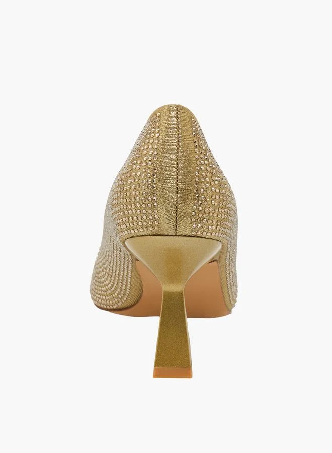 Flora Bella By Shoexpress GOLD Women Rhinestone Embellished Flared Heel Shoes for Women | Best Price UAE