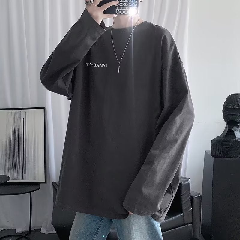 Autumn T-shirt Long-sleeved T-shirt Men's Hong Kong-style Loose Round Neck Couple's Base Shirt Casual Trendy Inner Top Men's Wear - Image 4