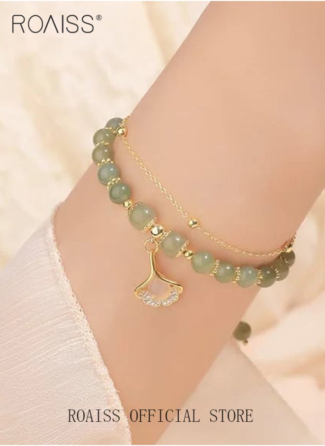 roaiss Fashion Jade Beads Two Layer Bracelet Women Girls Bracelet Leaf Lucky Jewelry Gifts Exquisite Bracelets Gemstone  - Image 3