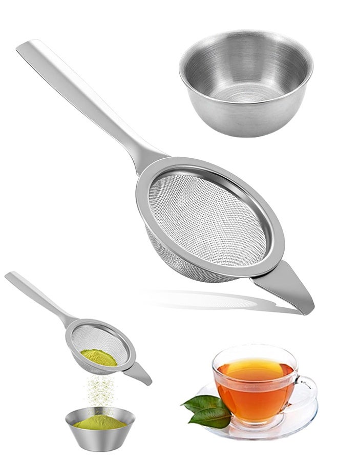 Silver Ultra Fine Mesh Matcha Strainer with Drip Bowl & Handle, Stainless Steel Tea Sifter for Matcha Loose Tea Coffee Cocktail - Image 1