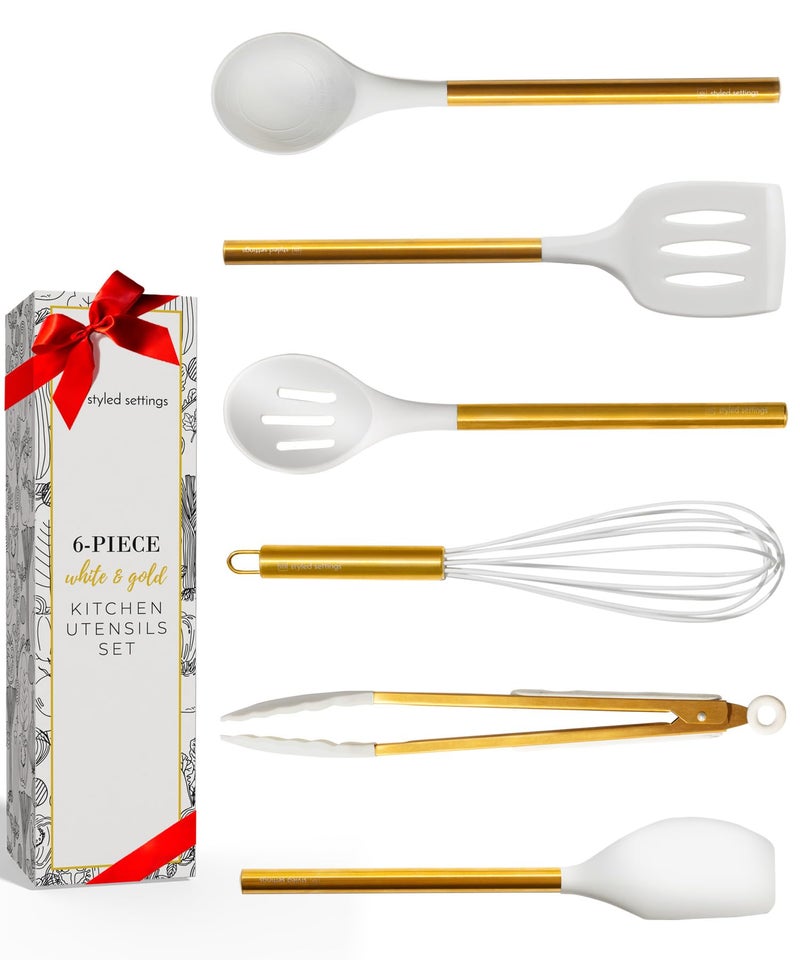 Styled Settings White and Gold Kitchen Utensils Set – 6-Piece Silicone Cooking Utensils with Spatula, Whisk, Tongs, Spoon and Turner – Nonstick, BPA-Free Kitchen Tools - Gold Kitchen Accessories - Image 1