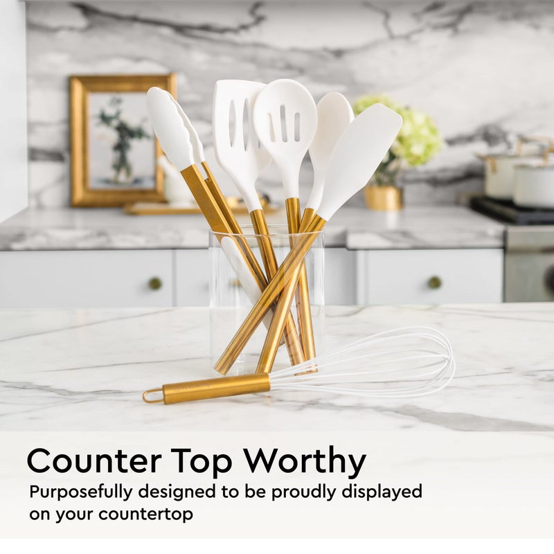 Styled Settings White and Gold Kitchen Utensils Set – 6-Piece Silicone Cooking Utensils with Spatula, Whisk, Tongs, Spoon and Turner – Nonstick, BPA-Free Kitchen Tools - Gold Kitchen Accessories - Image 5