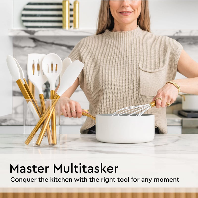 Styled Settings White and Gold Kitchen Utensils Set – 6-Piece Silicone Cooking Utensils with Spatula, Whisk, Tongs, Spoon and Turner – Nonstick, BPA-Free Kitchen Tools - Gold Kitchen Accessories - Image 3