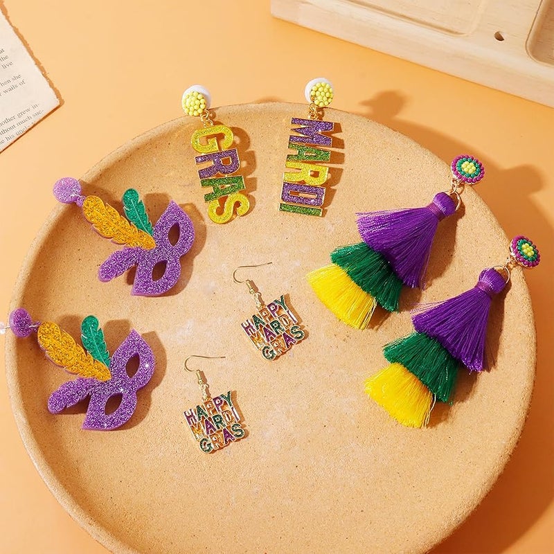 Dcfywl731 4 Pairs Mardi Gras Earrings for Women Mardi Gras Tassel Earrings Yellow Earrings Mardi Gras Dangle Earrings Mask Earrings Carnival Cosplay Party Jewelry Gifts - Image 2