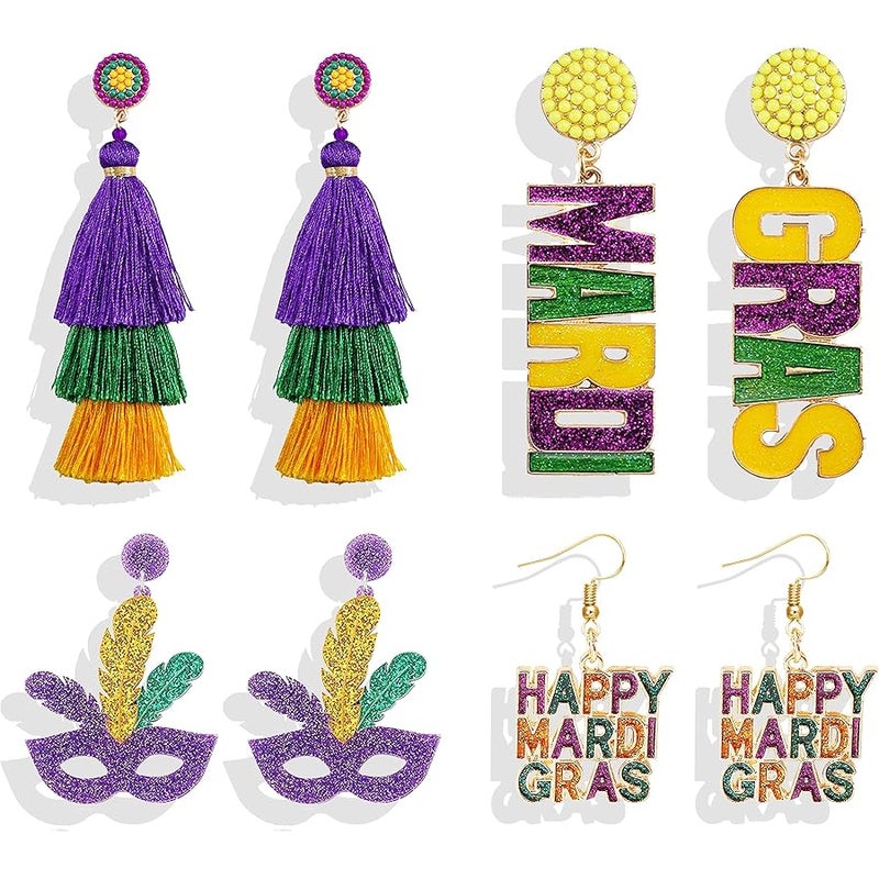 Dcfywl731 4 Pairs Mardi Gras Earrings for Women Mardi Gras Tassel Earrings Yellow Earrings Mardi Gras Dangle Earrings Mask Earrings Carnival Cosplay Party Jewelry Gifts - Image 1