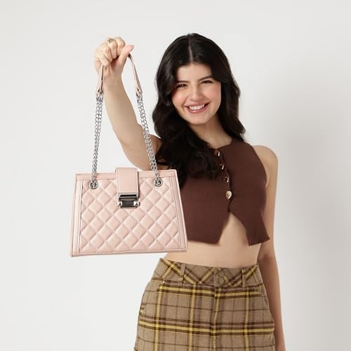 fastrack Pink SnapLock Shoulder Bag | Quilted Faux-Leather Women’s Handbag |Bag with Chain Strap & Dual Closure - Image 2