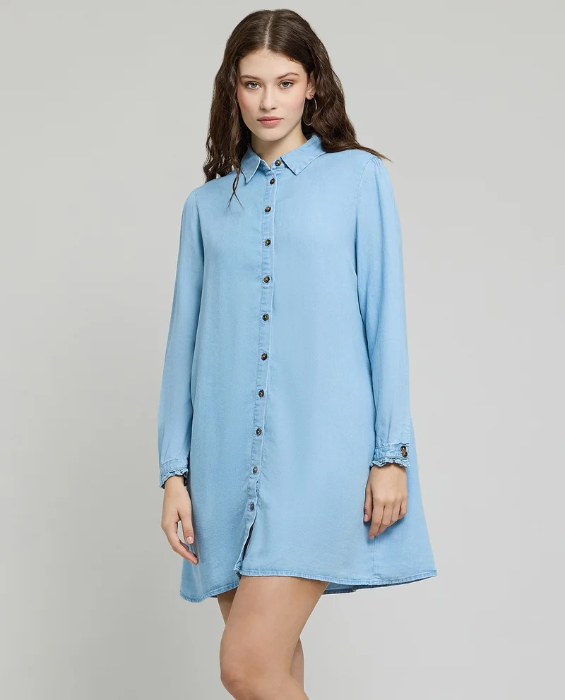 أر أند بي Washed Denim Tunic Shirt with Classic Collar and Long Sleeves