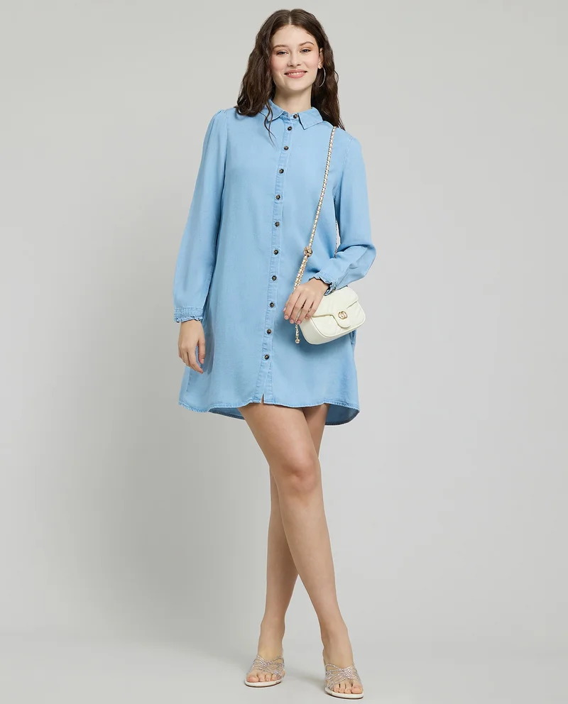 أر أند بي Washed Denim Tunic Shirt with Classic Collar and Long Sleeves
