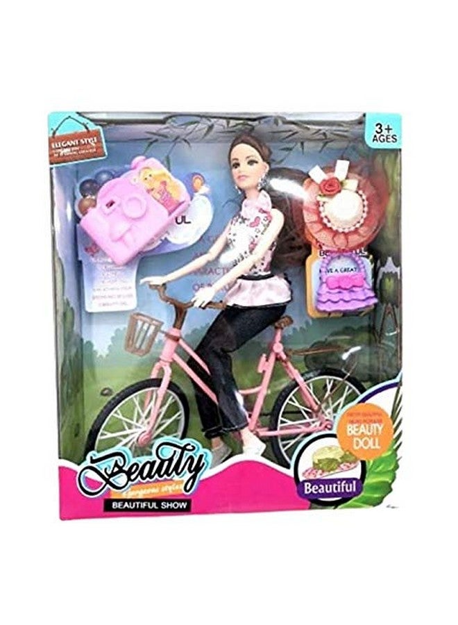 VikriDA Pretend Play Fashion Doll with Bicycle, Camera, Purse & hat (Bicycle Doll) - Image 1