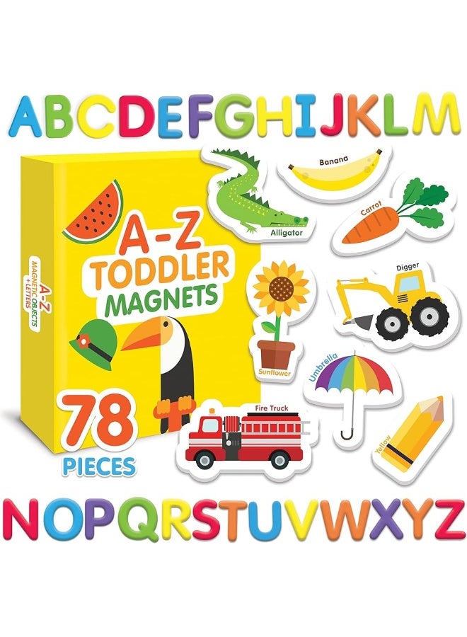 Curious Columbus Magnetic Objects and Letters. Set of 78 Foam Magnets Including 52 Pictures and 26 Uppercase Alphabet Magnets from A-Z. Best Educational Toy for Preschool Learning - Image 1