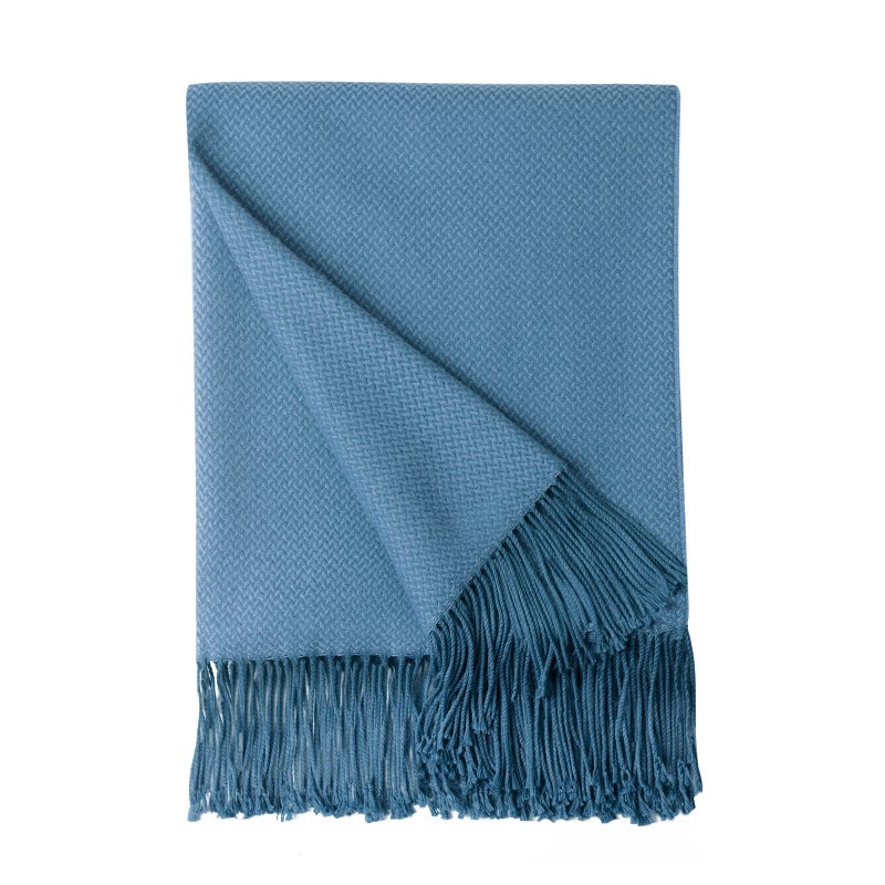 BOURINA Herringbone Two Tone Throw Blanket Faux Cashmere Fringe Soft Lightweight Cozy for Bed Couch Decorative Throws Blanket  Spa Blue  50"" x 60"" - Image 1