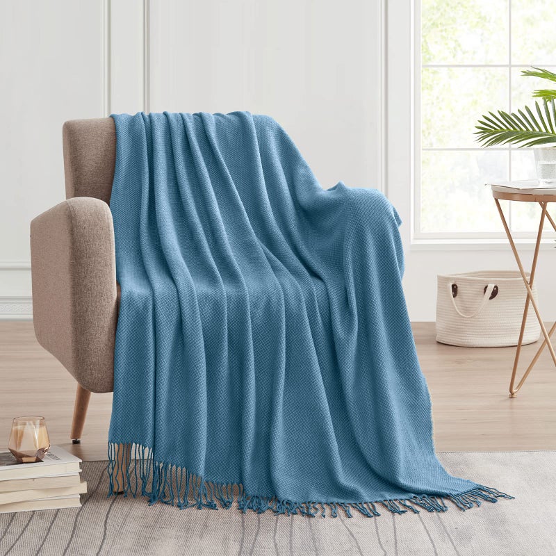 BOURINA Herringbone Two Tone Throw Blanket Faux Cashmere Fringe Soft Lightweight Cozy for Bed Couch Decorative Throws Blanket  Spa Blue  50"" x 60"" - Image 2
