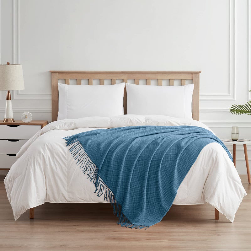 BOURINA Herringbone Two Tone Throw Blanket Faux Cashmere Fringe Soft Lightweight Cozy for Bed Couch Decorative Throws Blanket  Spa Blue  50"" x 60"" - Image 3