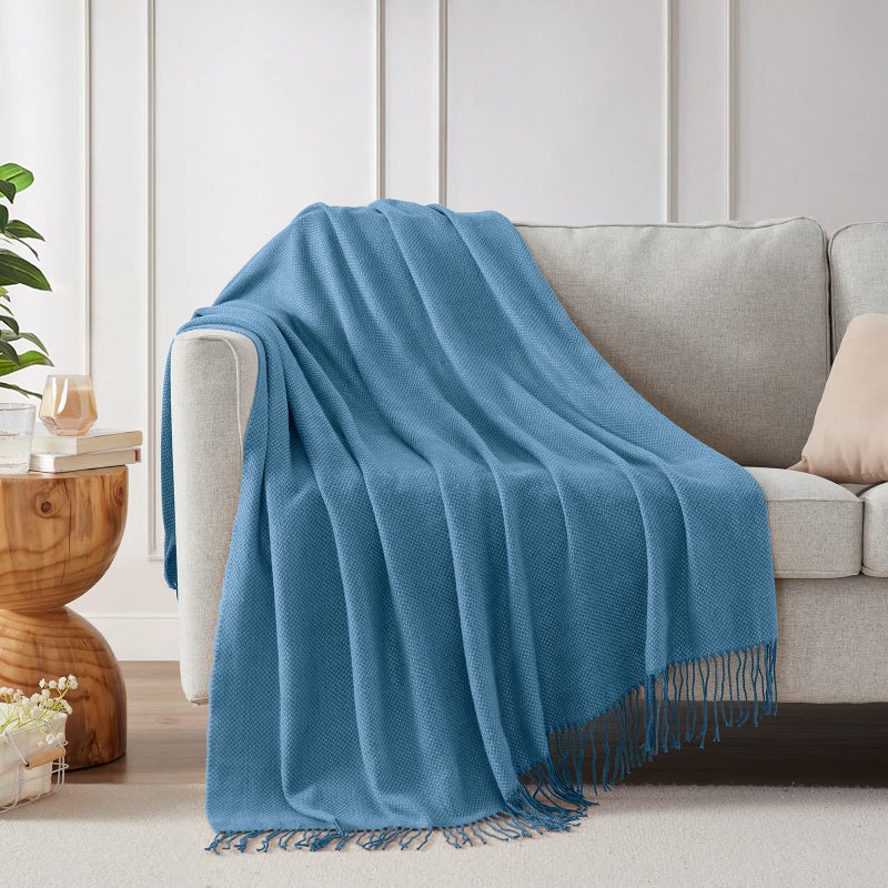 BOURINA Herringbone Two Tone Throw Blanket Faux Cashmere Fringe Soft Lightweight Cozy for Bed Couch Decorative Throws Blanket  Spa Blue  50"" x 60"" - Image 4