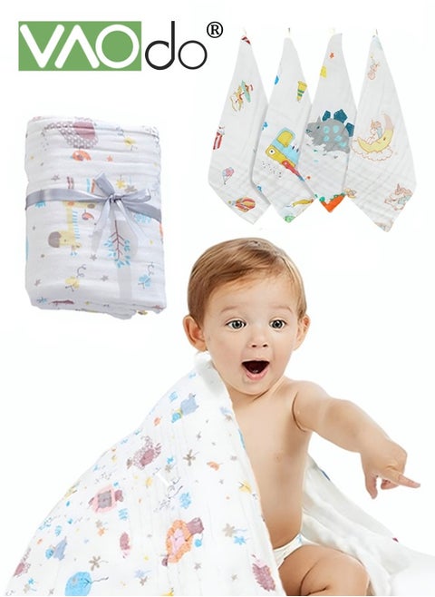 5 PCS Baby Washcloth and Bath Towel 6-layer Fine Weaving Process Skin-friendly Antibacterial 100% Cotton Gauze Baby Towel Blanket*1PCS and Towel*5PCS
