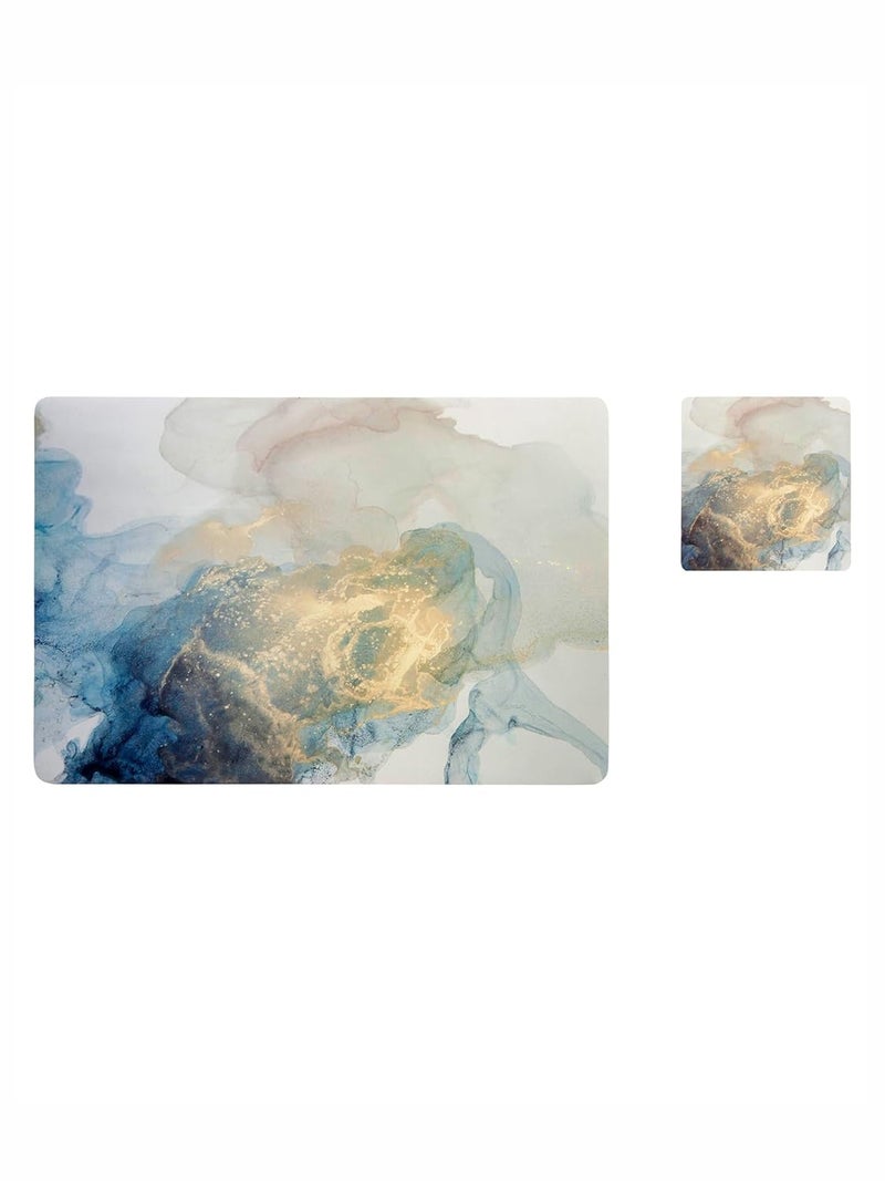 Obsessions Stylish PVC Placemats & Coasters Set of 6 - Heat and Stain Resistant, Wipeable, Durable, 30x45 cm, Blue and Gold - Ideal for Modern Dining Tables - Image 1