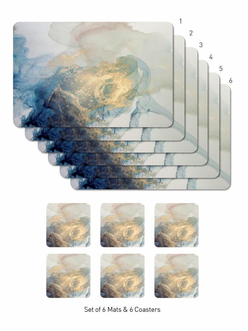 Obsessions Stylish PVC Placemats & Coasters Set of 6 - Heat and Stain Resistant, Wipeable, Durable, 30x45 cm, Blue and Gold - Ideal for Modern Dining Tables - Image 2