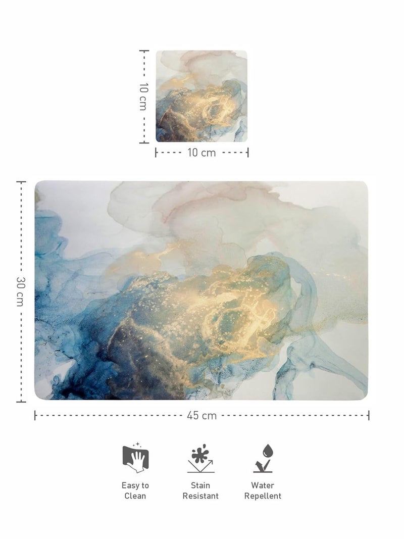 Obsessions Stylish PVC Placemats & Coasters Set of 6 - Heat and Stain Resistant, Wipeable, Durable, 30x45 cm, Blue and Gold - Ideal for Modern Dining Tables - Image 5