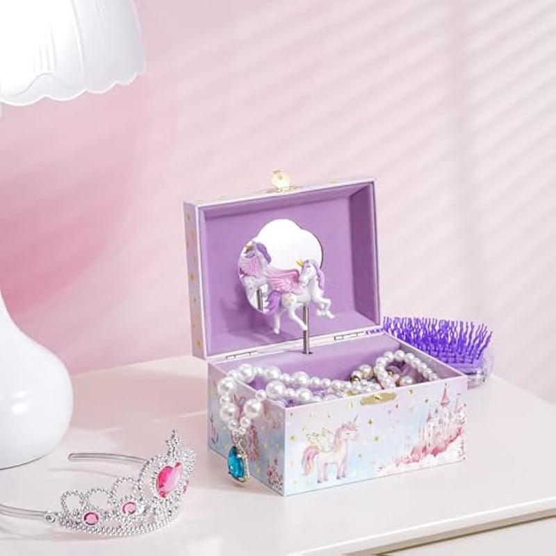 بروكيس صندوق مجوهرات يونيكورن للبنات، صناديق مجوهرات موسيقية للاطفال مع دمية يونيكورن دوارة، هدايا عيد ميلاد للفتيات الصغيرات والاطفال الصغار من سن 3 4 5 6 7 8 - زهري (صندوق فقط) - Image 5