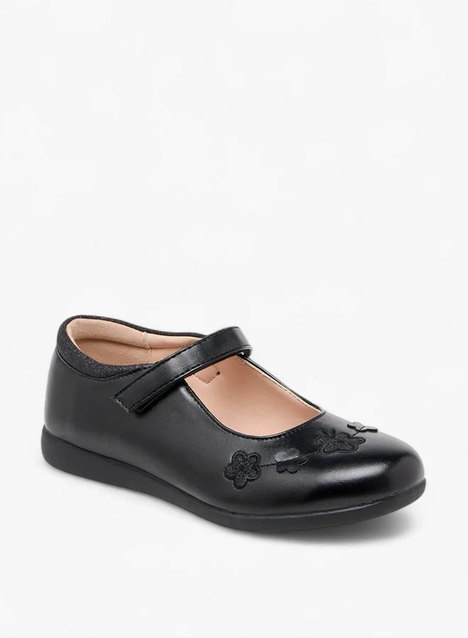 Flora Bella By Shoexpress Girls Floral Embroidered Mary Jane School Shoes with Hook and Loop Closure