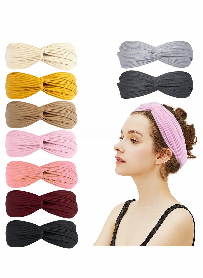 Excefore Elastic Headbands, Knotted Headband for Women Girls Non Slip Fashion Boho Headbands Soft Knitting Elastic Cross Knot Cute Wide Workout Yoga Turban Headband Hair Accessories, 9 Pack  - Image 1